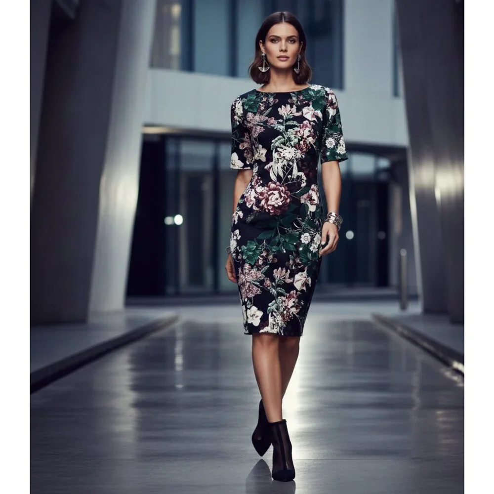Calvin Klein Floral Scuba Sheath Dress 10 Black Pink Wedding Guest Midi